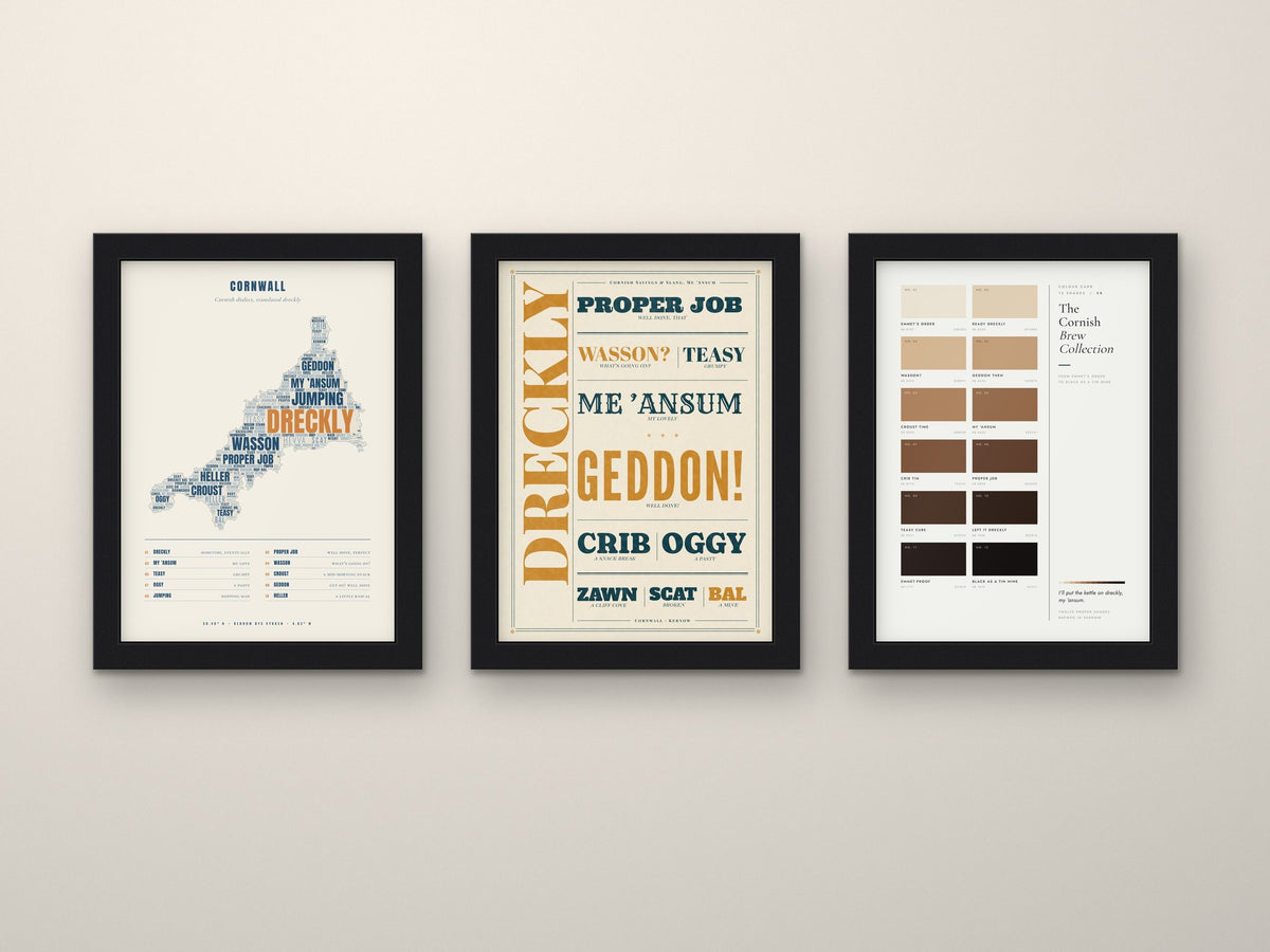 Cornish Sayings Set of 3 Prints framed side by side on a wall