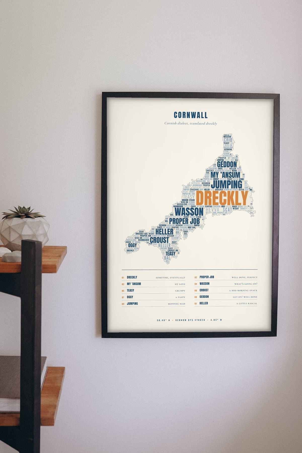 Cornish Sayings Print framed on a wall