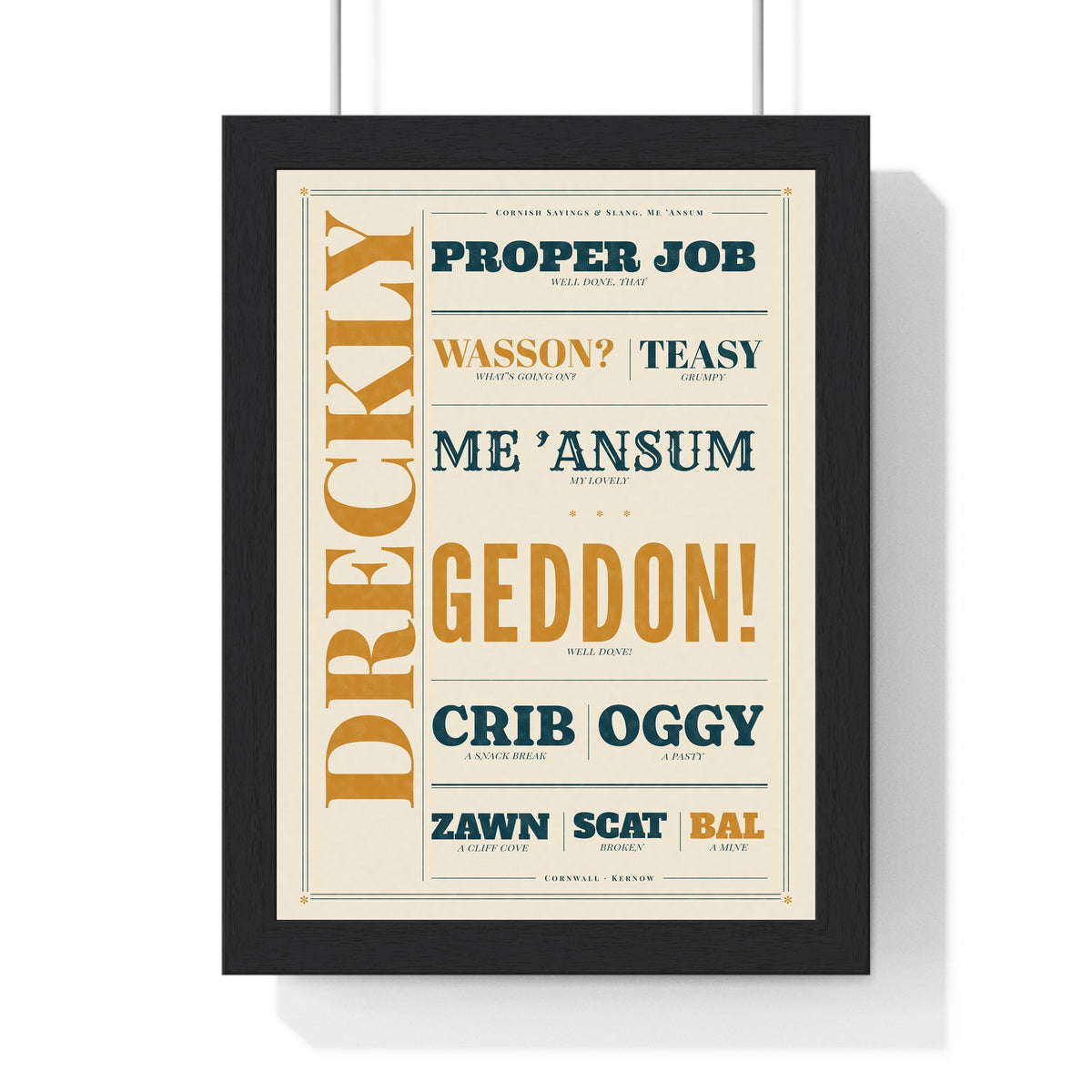 Cornish Slang Print in a black frame