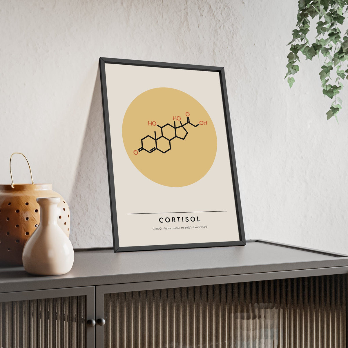 Cortisol Molecule print framed and leaning on a sideboard