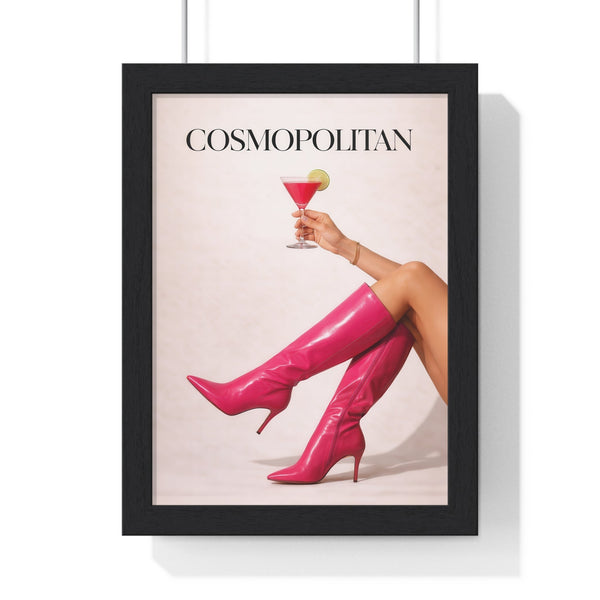 Framed Cosmopolitan cocktail fashion poster with pink drinks and boots on neutral background