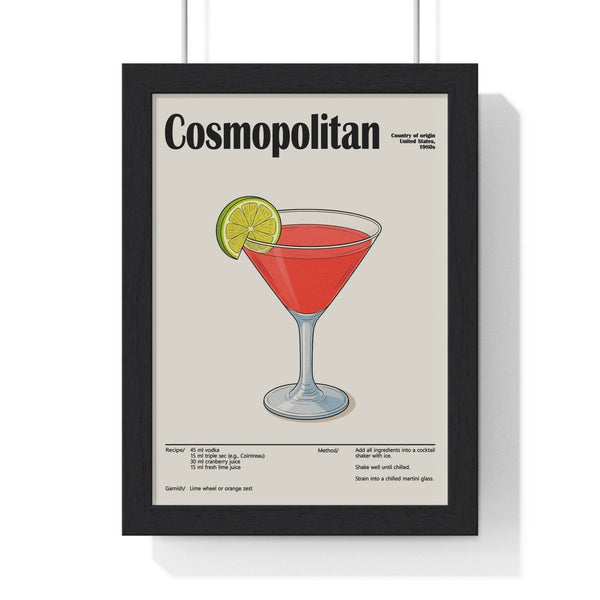 Framed Cosmopolitan cocktail poster with minimalist design on black wall