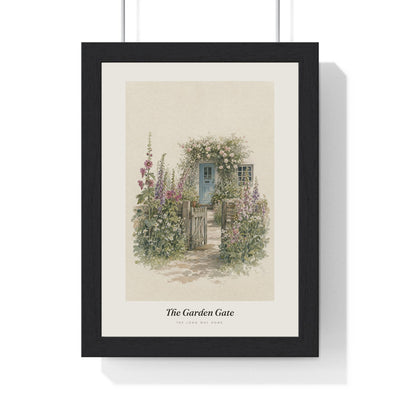 Cottage Garden Gate Print framed in a black frame, ready to hang