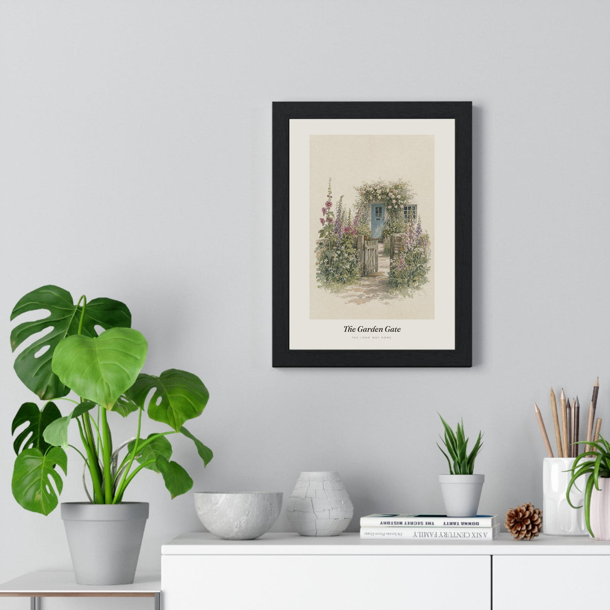 Cottage Garden Gate Print framed on a living room wall