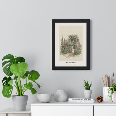 Cottage Garden Gate Print framed on a living room wall