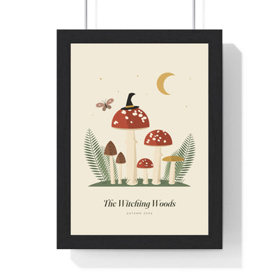 Cottagecore Mushroom Print - framed cottagecore mushroom print with a tiny witch hat on a toadstool