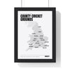 County Cricket Grounds Map print framed in a black frame, ready to hang