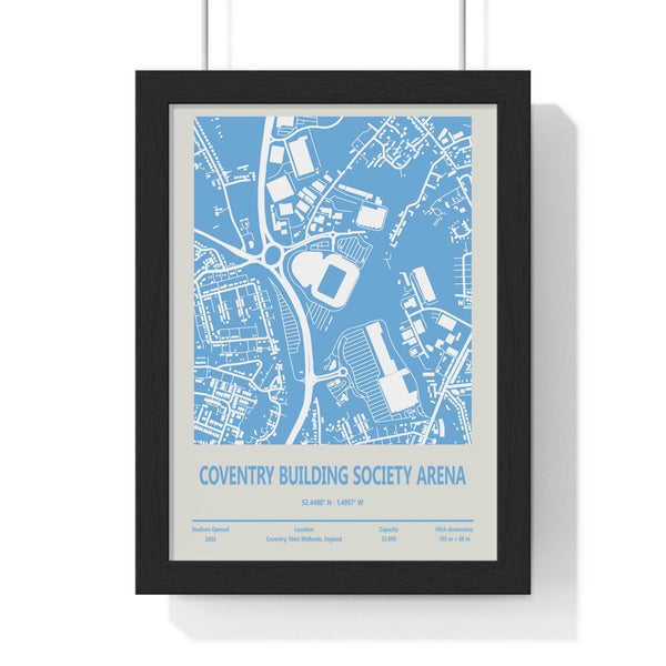 Framed Coventry Building Society Arena stadium map print showing Sky Blue pitch and surrounding roads