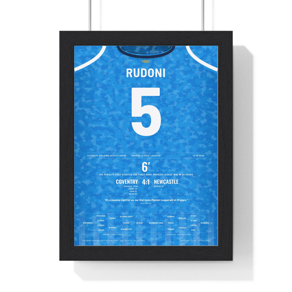 Coventry City 4-1 Premier League 2026 Poster - Jack Rudoni 5 First Home Win framed in a black frame, ready to hang