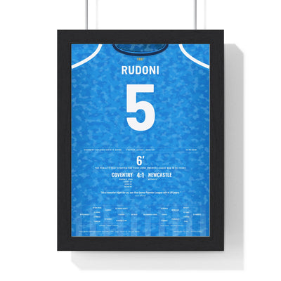 Coventry City 4-1 Premier League 2026 Poster - Jack Rudoni 5 First Home Win framed in a black frame, ready to hang