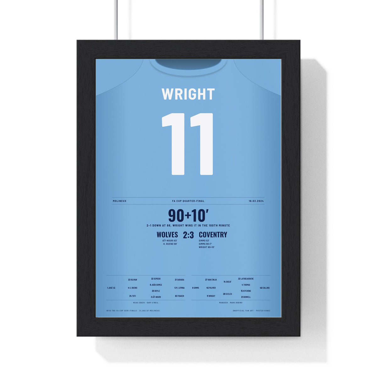 Coventry City FA Cup Quarter-Final 2024 Poster - Haji Wright 11 Molineux Shirt Print framed in a black frame, ready to hang