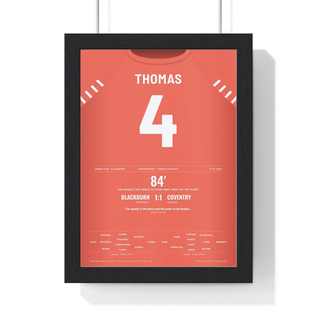 Coventry City Promotion 2026 Poster - Bobby Thomas 4 Header at Blackburn framed in a black frame, ready to hang
