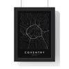 Coventry street map poster in black, minimal city map print framed in a black frame