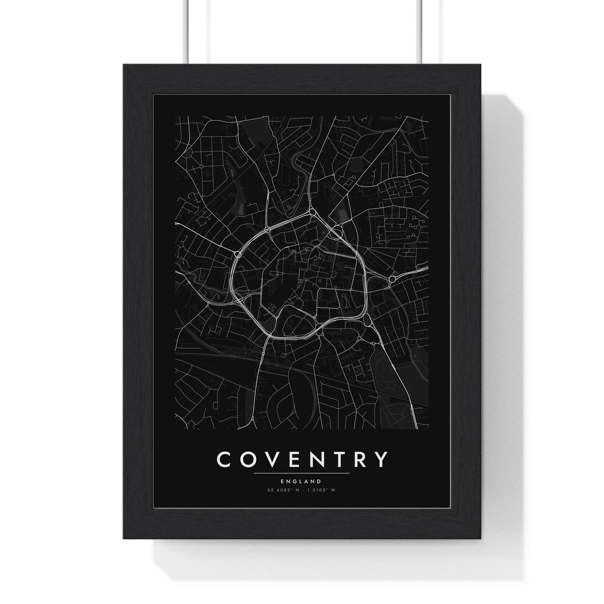 Coventry street map poster in black, minimal city map print framed in a black frame