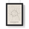 Coventry street map poster in cream, minimal city map print framed in a black frame