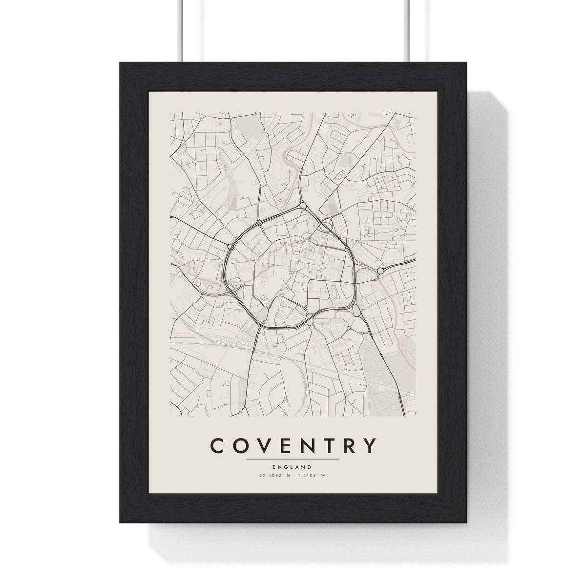 Coventry street map poster in cream, minimal city map print framed in a black frame