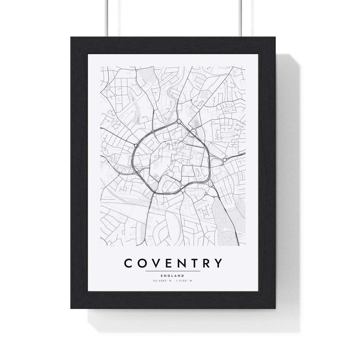 Coventry street map poster in white, minimal city map print framed in a black frame