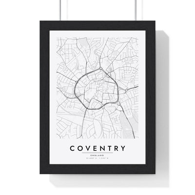 Coventry street map poster in white, minimal city map print framed in a black frame