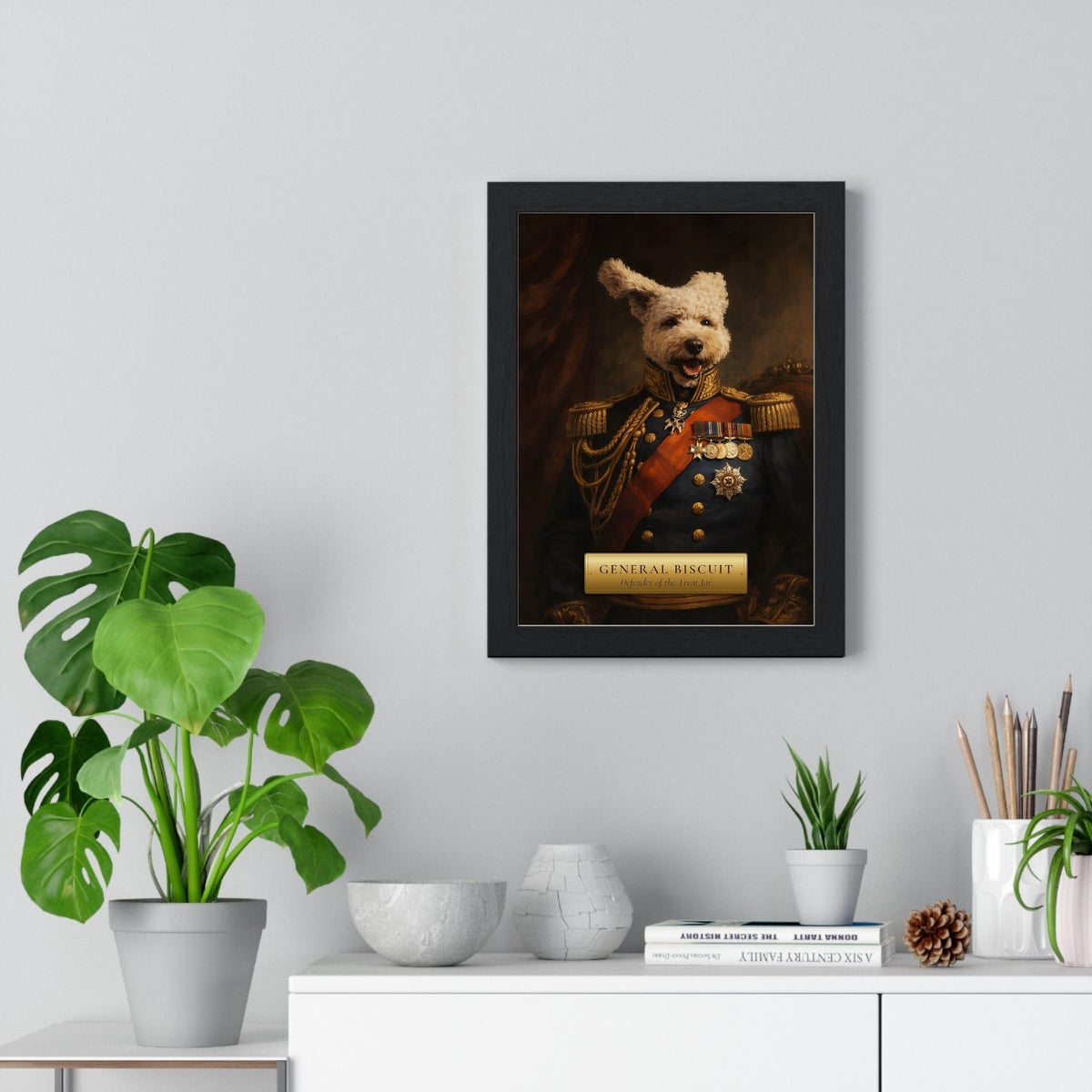 Royal pet portrait from photo: a cockapoo painted as a general with medals and gold epaulettes, Renaissance oil painting style print with gold name plaque, framed