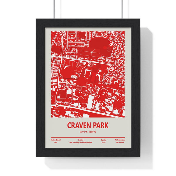 Framed Craven Park Hull KR stadium map poster showing red and white street layout design