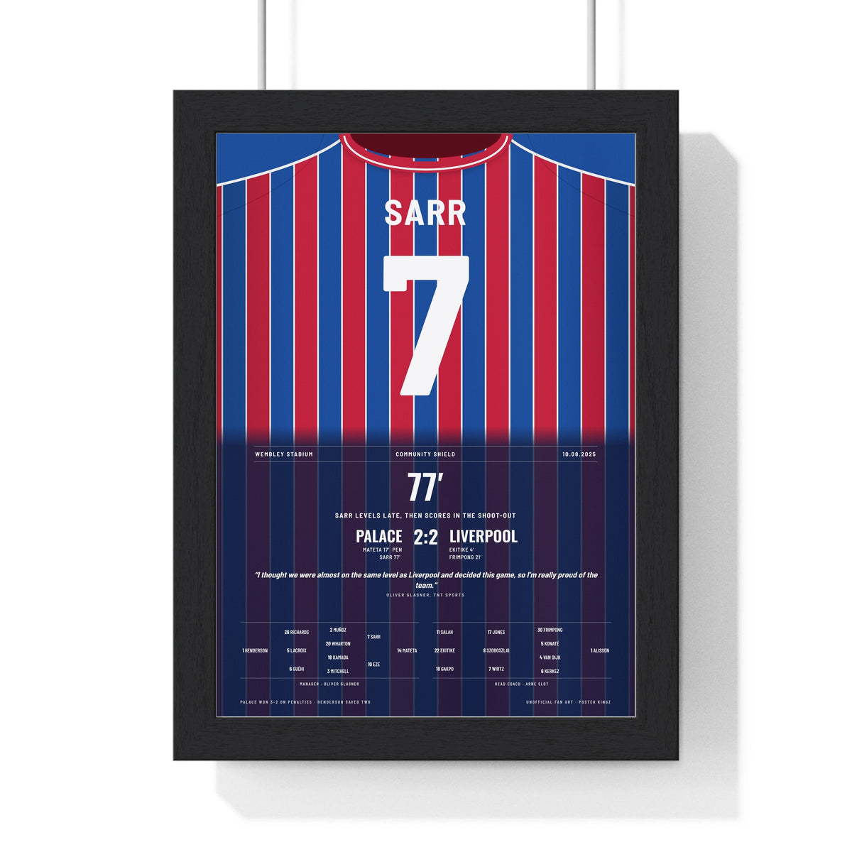 Crystal Palace Community Shield 2025 Poster - Ismaïla Sarr 7 Shirt Print framed in a black frame, ready to hang