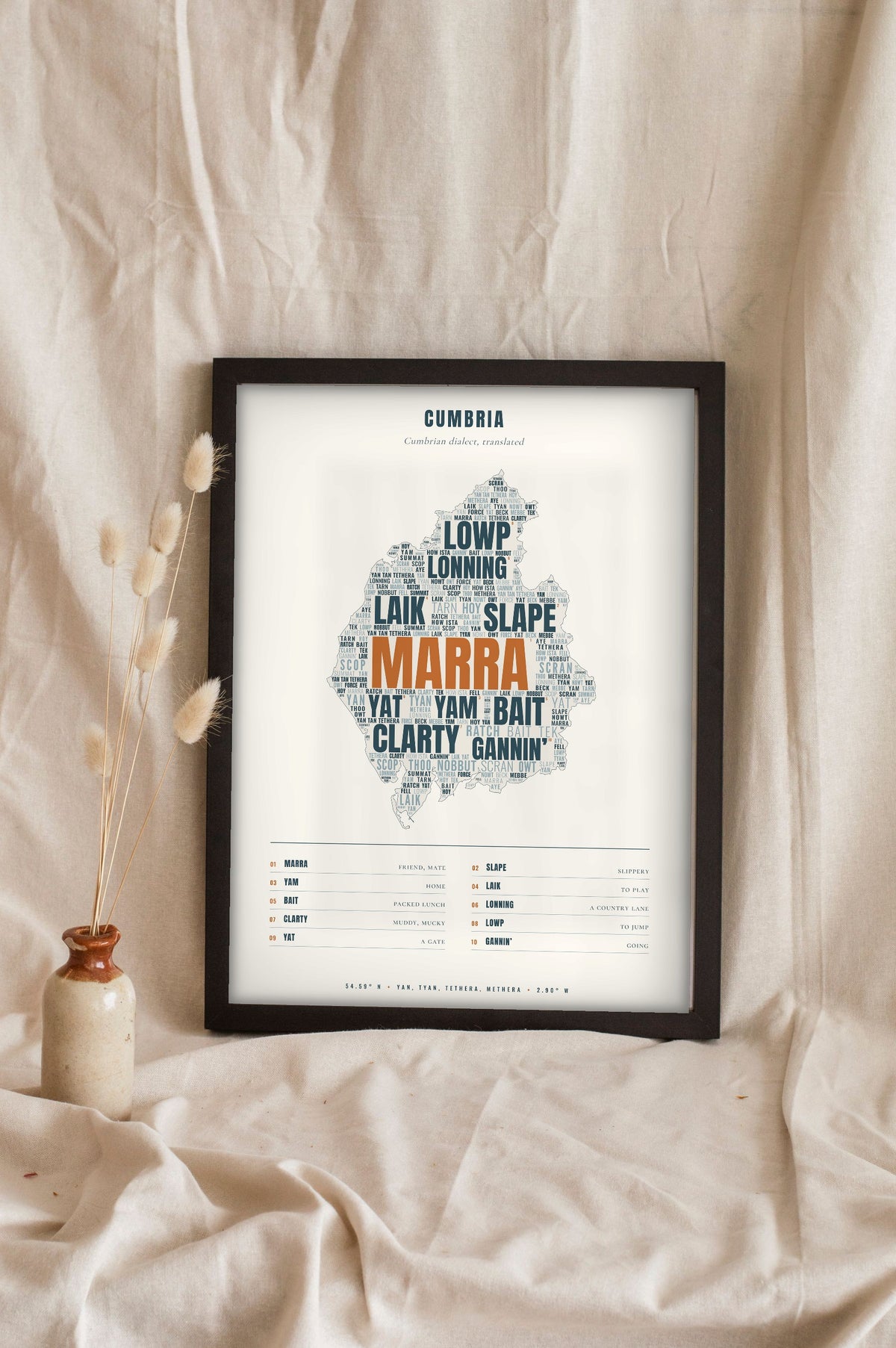 Cumbrian Sayings Print in a black frame propped up on linen