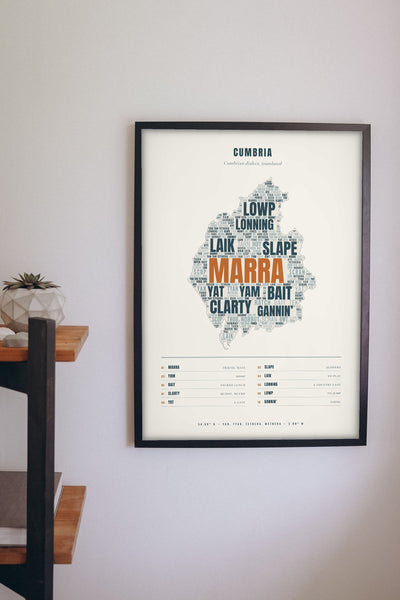 Cumbrian Sayings Print framed on a wall