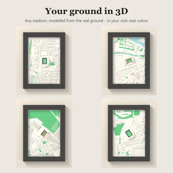 Custom 3D stadium map - any football or rugby ground, modelled from the real stands, seats in your club colour