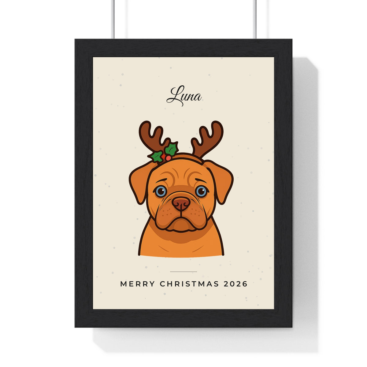 Custom Christmas pet print in a black frame - cartoon dog in reindeer antlers on cream, Merry Christmas 2026