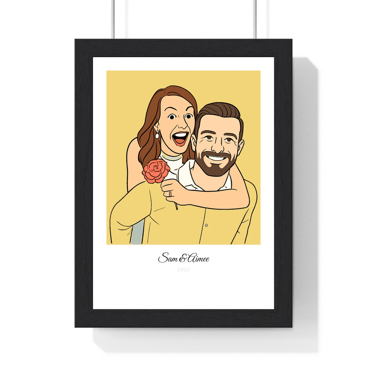 Custom couple line art portrait from photo, framed - illustrated couple on mustard yellow with the names Sam & Aimee and the year 2025