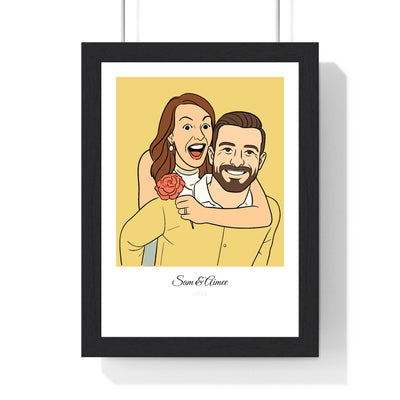 Custom couple line art portrait from photo, framed - illustrated couple on mustard yellow with the names Sam & Aimee and the year 2025