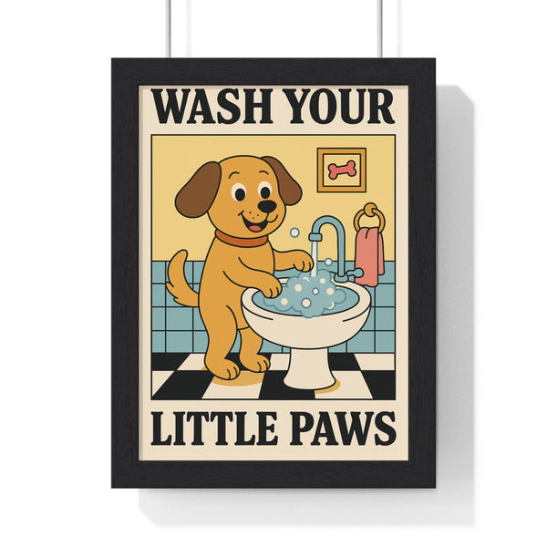 Framed cute dog wash your paws bathroom poster wall art