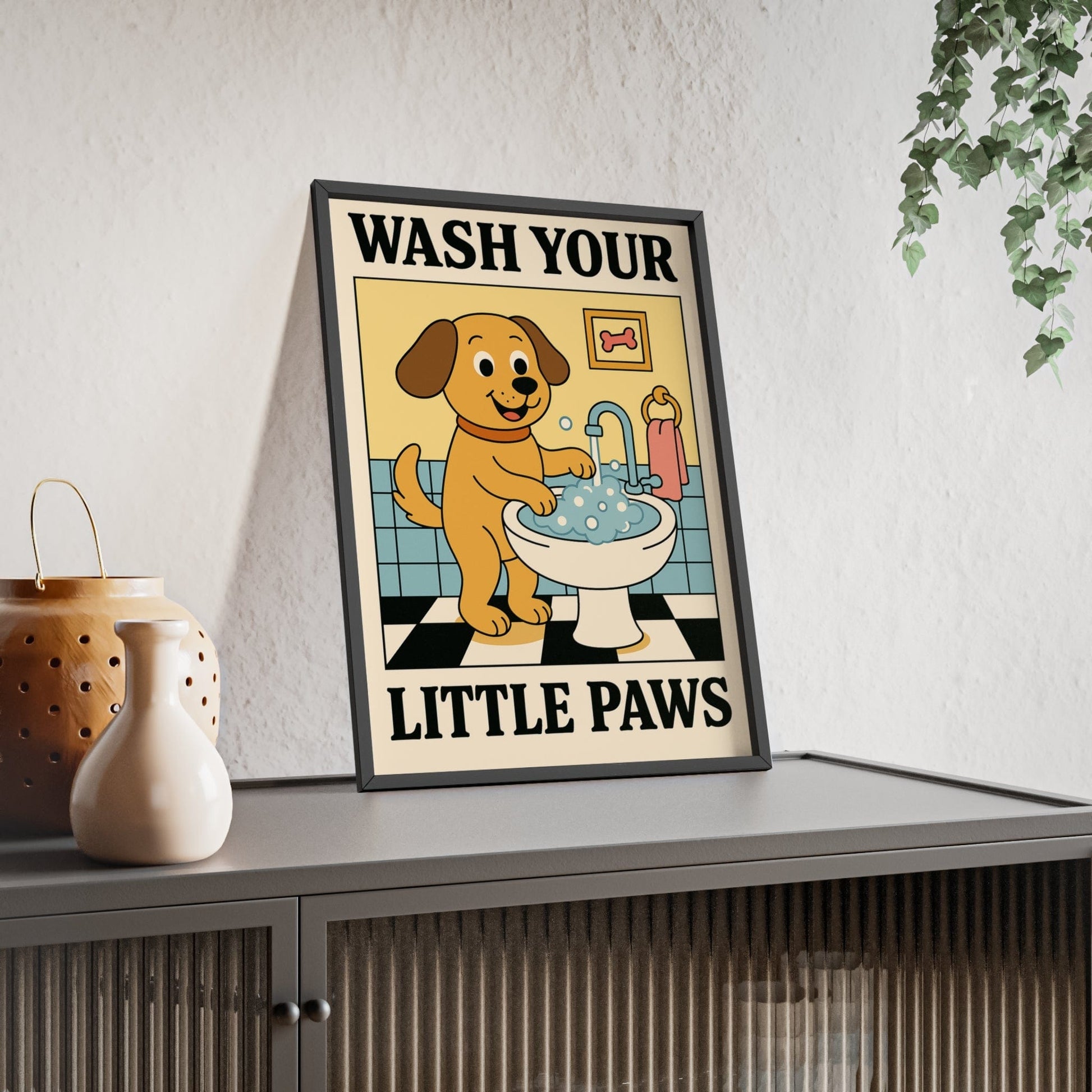 Framed Cute Dog Bathroom Wash Your Paws print