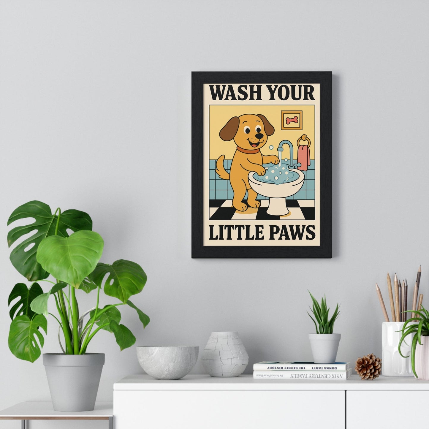 Framed Cute Dog Bathroom Wash Your Paws print