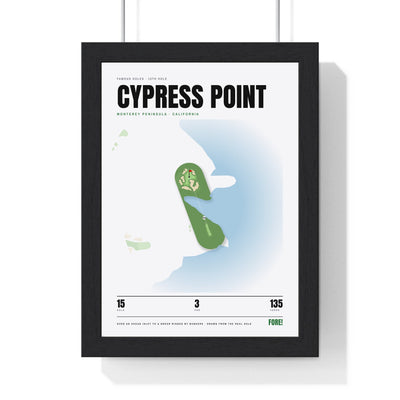 Cypress Point 15th Hole White print framed in a black frame, ready to hang