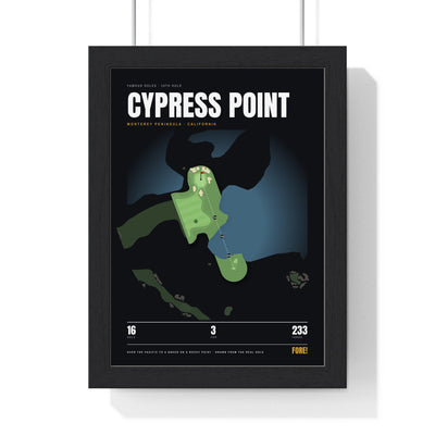 Cypress Point 16th Hole print framed in a black frame, ready to hang