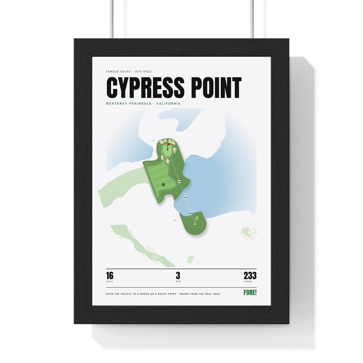 Cypress Point 16th Hole White print framed in a black frame, ready to hang