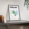 Cypress Point 16th Hole White print framed and leaning on a sideboard