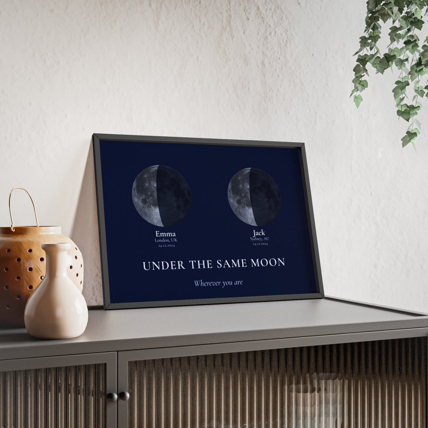 Custom same moon phase print with two names and locations