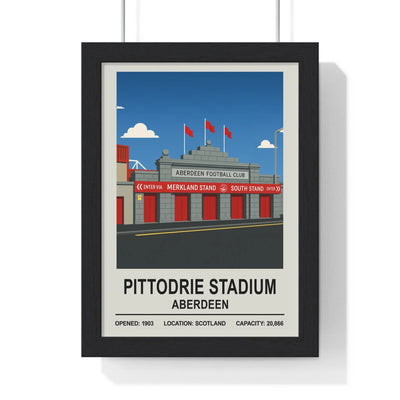 Framed poster of Pittodrie Stadium in Aberdeen on a white background