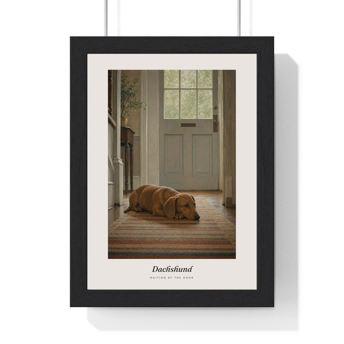 Dachshund Print framed in a black frame, ready to hang
