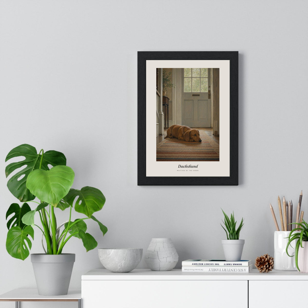 Dachshund Print framed on a living room wall