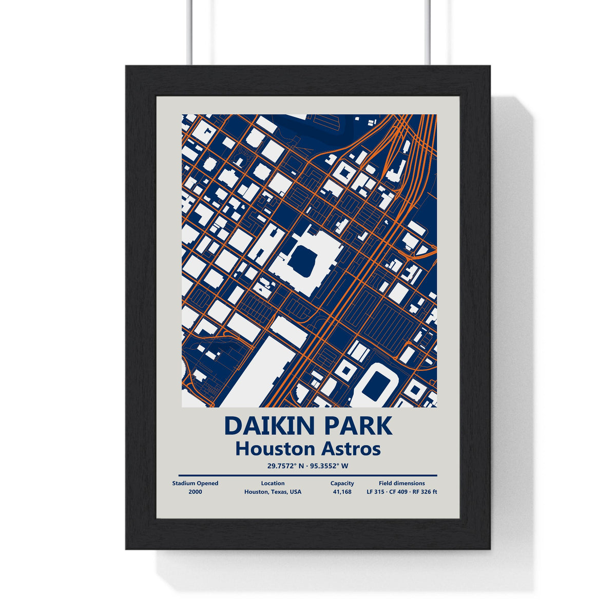 Daikin Park map print framed in a black frame, ready to hang