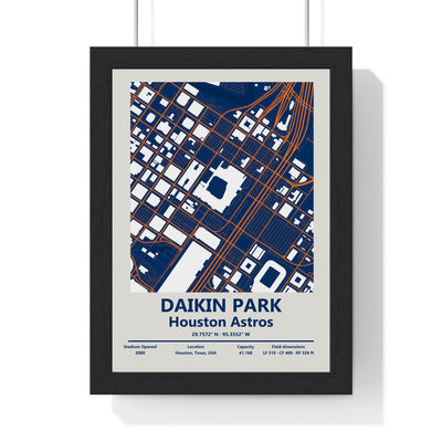 Daikin Park map print framed in a black frame, ready to hang