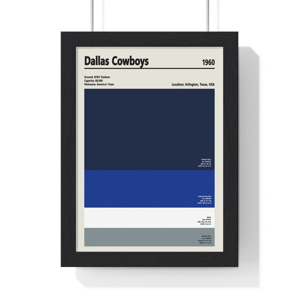 Framed Dallas Cowboys colour swatch print showing navy, royal blue, white and silver team colours