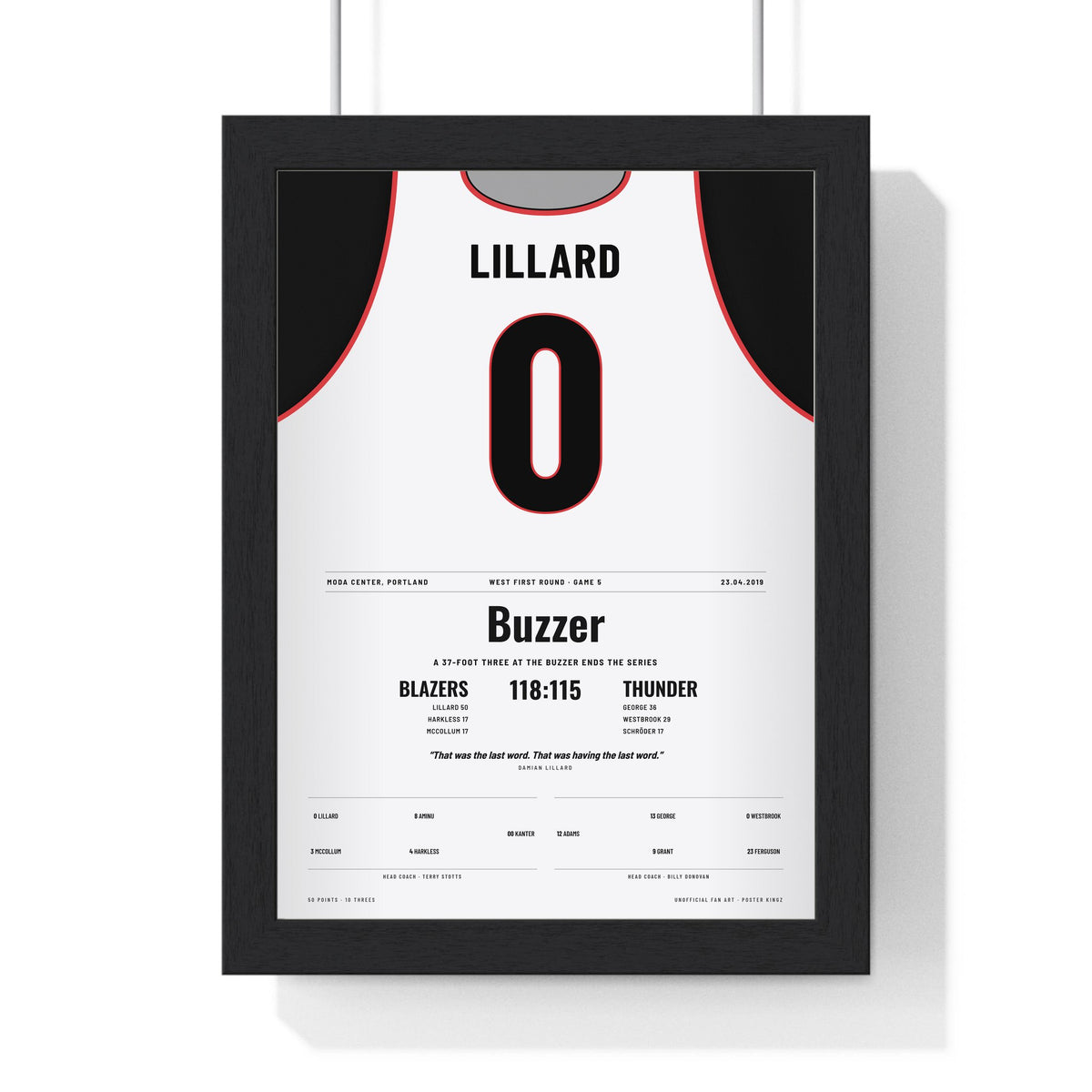 Damian Lillard 2019 Buzzer-Beater Poster - Portland Trail Blazers 0 Series Winner Jersey Print framed in a black frame, ready to hang
