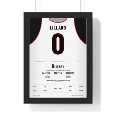Damian Lillard 2019 Buzzer-Beater Poster - Portland Trail Blazers 0 Series Winner Jersey Print framed in a black frame, ready to hang