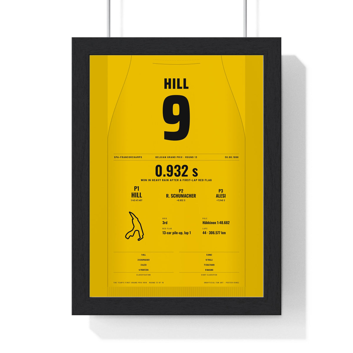 Damon Hill 1998 Belgian Grand Prix Win Poster - 9 Race Suit Print framed in a black frame, ready to hang