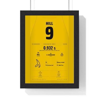Damon Hill 1998 Belgian Grand Prix Win Poster - 9 Race Suit Print framed in a black frame, ready to hang