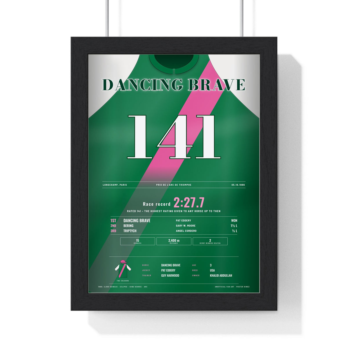 Dancing Brave Prix de l'Arc de Triomphe 1986 Horse Racing Poster - Rated 141 Silks Print framed in a black frame, ready to hang